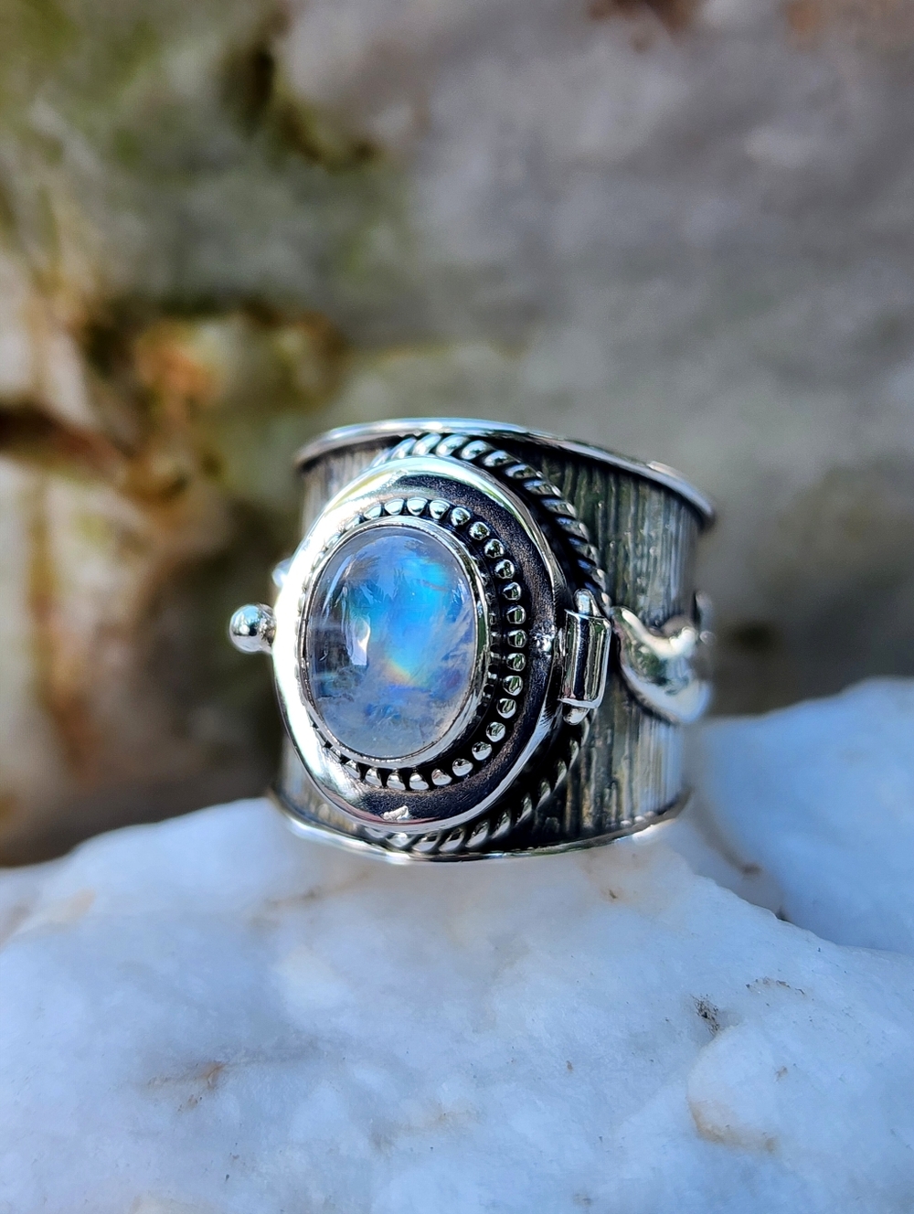Sterling Silver 925 Poison Locket Ring Genuine Moonstone Stone unique Jewelry